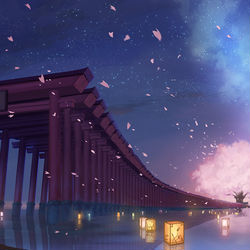 This is a pixiv picture whose title is 桜×鳥居×灯籠流し.