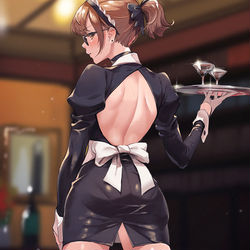 This is a pixiv picture whose title is 背中がっぽりタイトスカートメイドさん.