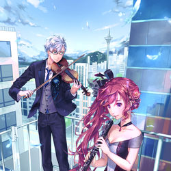 This is a pixiv picture whose title is 青空の下で　二人だけの演奏会.