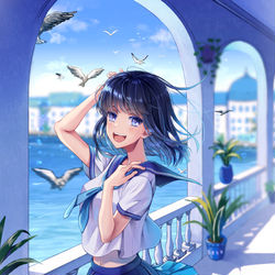 This is a pixiv picture whose title is 青い街とセーラー服.