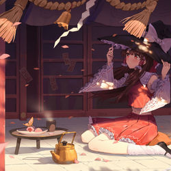 This is a pixiv picture whose title is 戴着魔理沙帽子的灵梦.