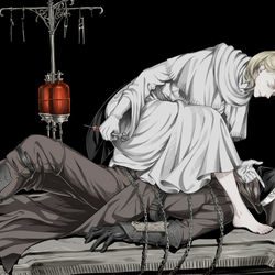 This is a pixiv picture whose title is 偽女医×狩人様.