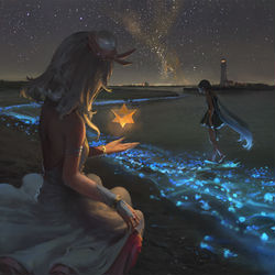 This is a pixiv picture whose title is 海伊和姐姐在海边的夜.