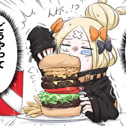 This is a pixiv picture whose title is アビゲイルちゃん　VS　アメリカンサイズハンバーガー.