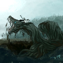 This is a pixiv picture whose title is 【PFLS】竜纏う森【灰色熊の戦い】.
