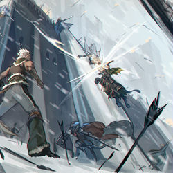 This is a pixiv picture whose title is 【PFLS】雪城の壁を登り.