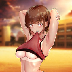 This is a pixiv picture whose title is 気になる男子が準備運動をしていると必ずそばにやってきて、日焼け～.