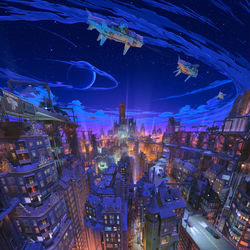 This is a pixiv picture whose title is 夜の街.