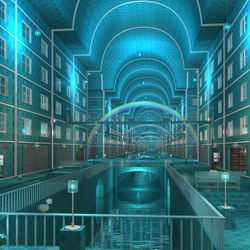 This is a pixiv picture whose title is 川の流れるアーケード.