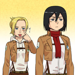 This is a pixiv picture whose title is アニとミカサの戯れ.