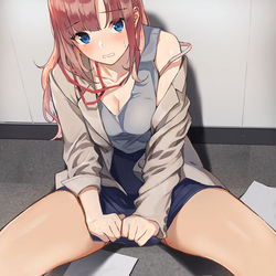 This is a pixiv picture whose title is 大股開いて転んじゃって慌ててスカートをぐいっとしてるOLさん.