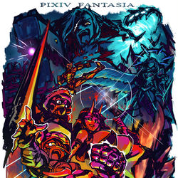 This is a pixiv picture whose title is 【PFLS】巨影×BUSTERS!!【レッドヴァルの戦い】.