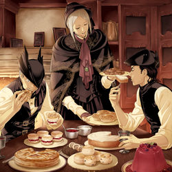 This is a pixiv picture whose title is 「まだまだございますよ、狩人様。」.