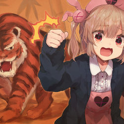 This is a pixiv picture whose title is 虎と共に閉じ込められた名取さなのﾋﾞｮｯﾌﾞﾎﾞｯﾌﾞ屏風で！？.