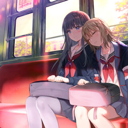 This is a pixiv picture whose title is 「あと二駅、着いてほしくない」.
