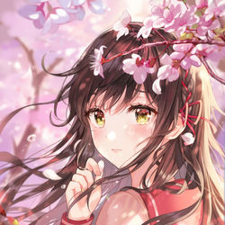 This is a pixiv picture whose title is 落ちてくる桜の花びらを.
