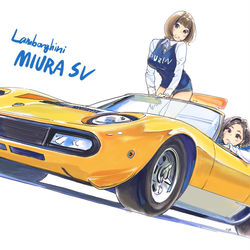 This is a pixiv picture whose title is 見栄子&ぷりん with Lamborghini MIURA.