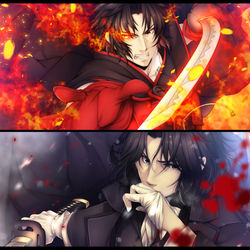This is a pixiv picture whose title is W鬼の副長～廃棄物と狂戦士～.