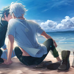 This is a pixiv picture whose title is 帝左　2人きりの浜辺.