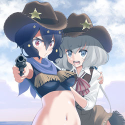 This is a pixiv picture whose title is カウガール紺野純子を守るガンマン水野愛.