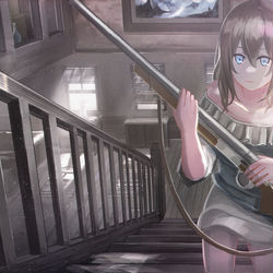 This is a pixiv picture whose title is at the top of a staircase.