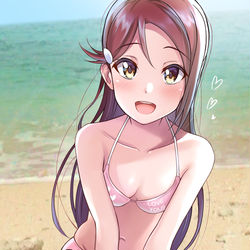 This is a pixiv picture whose title is ちっぱいを見られていることに気づいていない無垢な笑顔の梨子ちゃん.