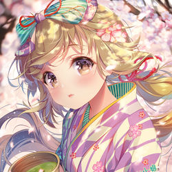 This is a pixiv picture whose title is 「桜の頃にはお茶一杯は良いでしょう」.