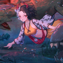 This is a pixiv picture whose title is 古代魚の子連れ番人.