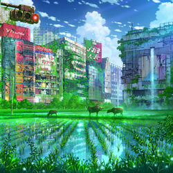 This is a pixiv picture whose title is 新宿駅東口幻想.