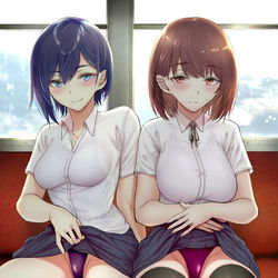 This is a pixiv picture whose title is 通学中の電車で気になる男子の向かいに座り、制服の下に着た水着を～.