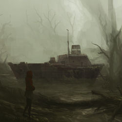 This is a pixiv picture whose title is 沼地の廃船.