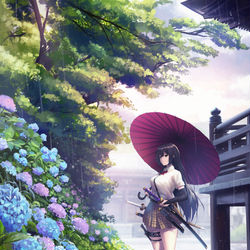 This is a pixiv picture whose title is 雨と、紫陽花と、サムライJKと。.