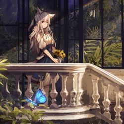 This is a pixiv picture whose title is 夕陽の差し込む庭園.