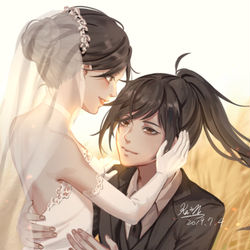This is a pixiv picture whose title is 多羅羅與百鬼丸的婚禮.