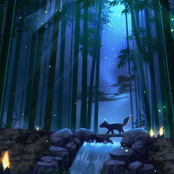 This is a pixiv picture whose title is 竹林×狐×夜.