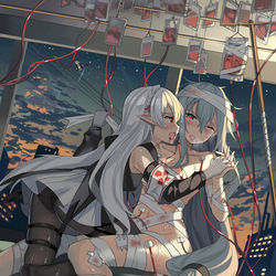 This is a pixiv picture whose title is 华法琳对斯卡蒂进行输血治疗.