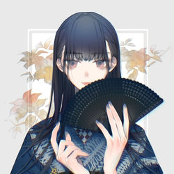 This is a pixiv picture whose title is 肋骨柄着物と透かし彫り扇子.