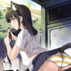 This is a pixiv picture whose title is 雨の後晴れのバス停 服が濡れましたの女子高生ネコちゃん.