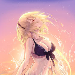 This is a pixiv picture whose title is 夕陽と水着聖女.