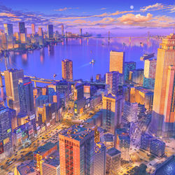 This is a pixiv picture whose title is 大都市 日没.