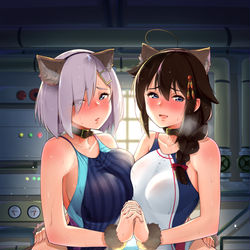 This is a pixiv picture whose title is 【C96表紙】競泳水着な時雨ちゃんと浜風さんと。.