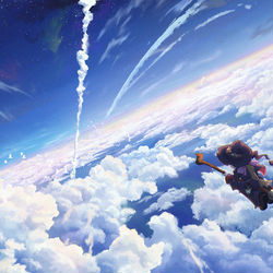 This is a pixiv picture whose title is 雲海×魔女×箒で飛ぶ.