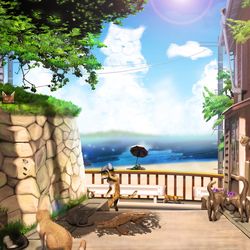 This is a pixiv picture whose title is 夏と田舎と海と猫と.