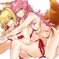 This is a pixiv picture whose title is 水着ネロ＆たまも！.