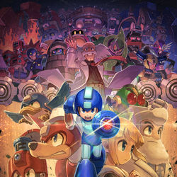This is a pixiv picture whose title is 【お仕事】ロックマン11ポスター、Tシャツイラスト！.