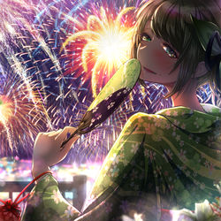 This is a pixiv picture whose title is 浴衣で学園長と花火.