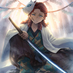 This is a pixiv picture whose title is 鬼滅の刃　錆兎　「霧の森に帰る」.