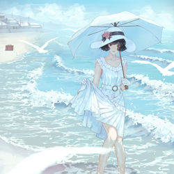 This is a pixiv picture whose title is 海とパラソル.