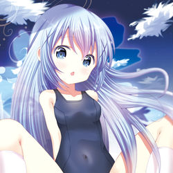 This is a pixiv picture whose title is 残暑お見舞いチノちゃん(スク水Ver..
