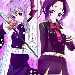 This is a pixiv picture whose title is 鬼滅の刃＆終わりのセラフ コラボ絵 しのぶ＆シノア.